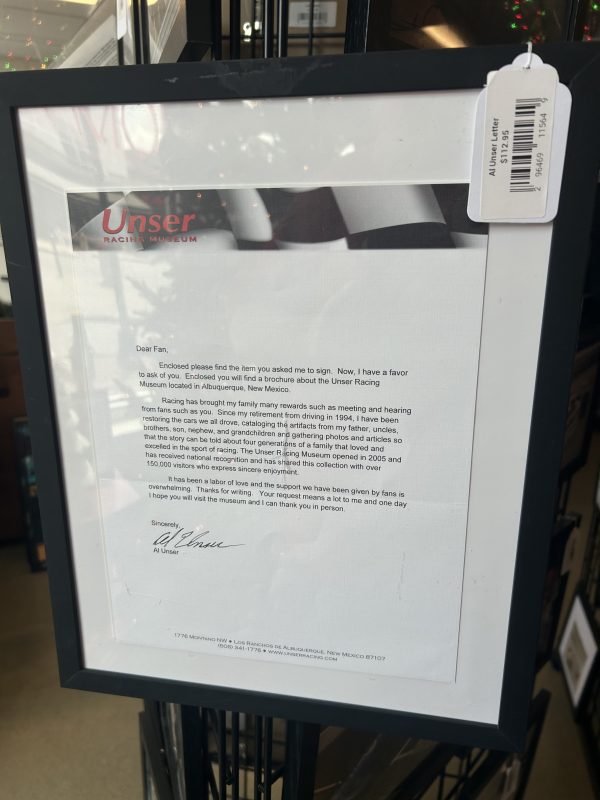 Al Unser signed letter to a fan