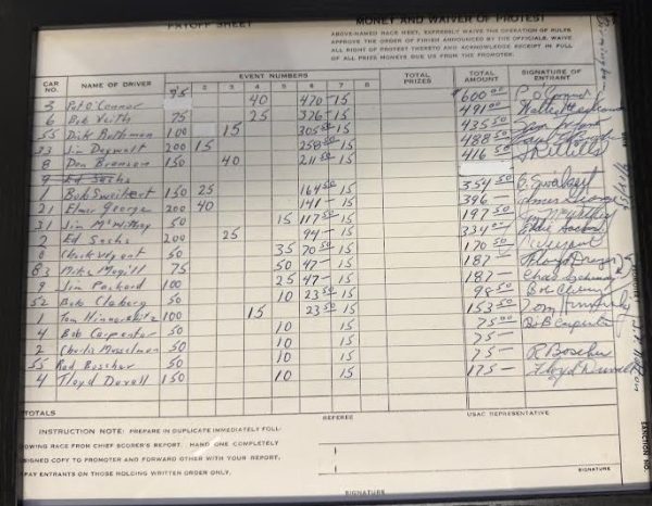 Indycar Driver payout sheet-April 18, 1956